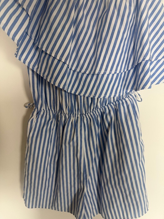 MOD Blue Striped One Shoulder Romper Ruffle Detail | Summer Vacation Size S - Picture 3 of 5